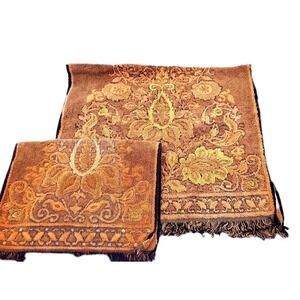 VTG MCM Milliken Bath Hand Towel Set Green Yellow Orange Black Sculpted Fringe